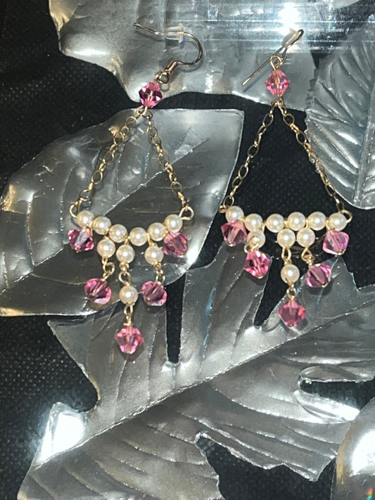 Pink and pearls chandelier crystal earrings